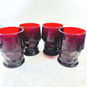 Set Of 4 Vintage Red Ruby Glasses 8Oz With Unique Hexagonal Base Design